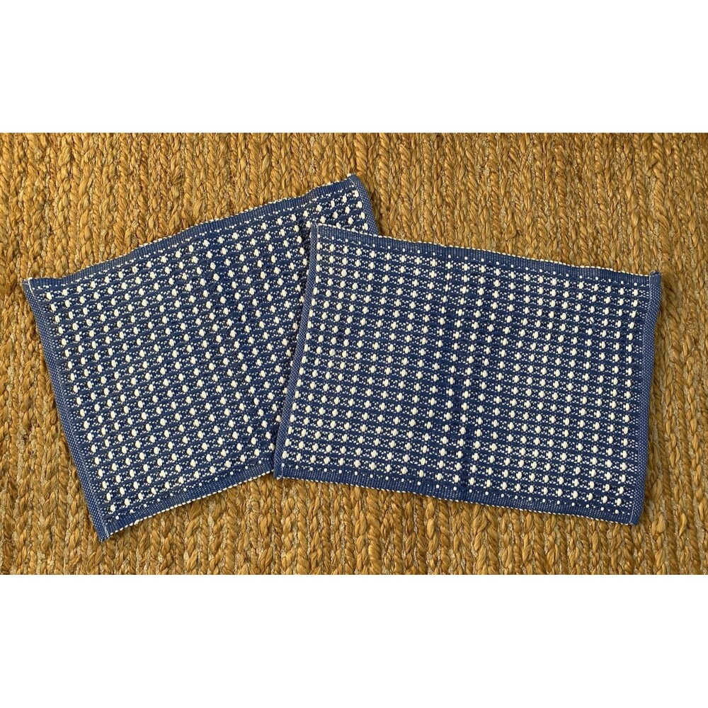 Pair Brooks Brothers Blue White Cotton Woven Placemats Geometric Waffle Pattern